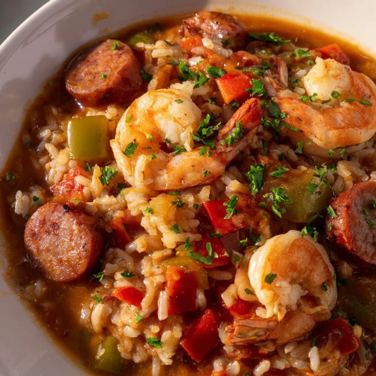A photo showcases a delicious, one-skillet Jambalaya, rich with vibrant tomatoes and spices.