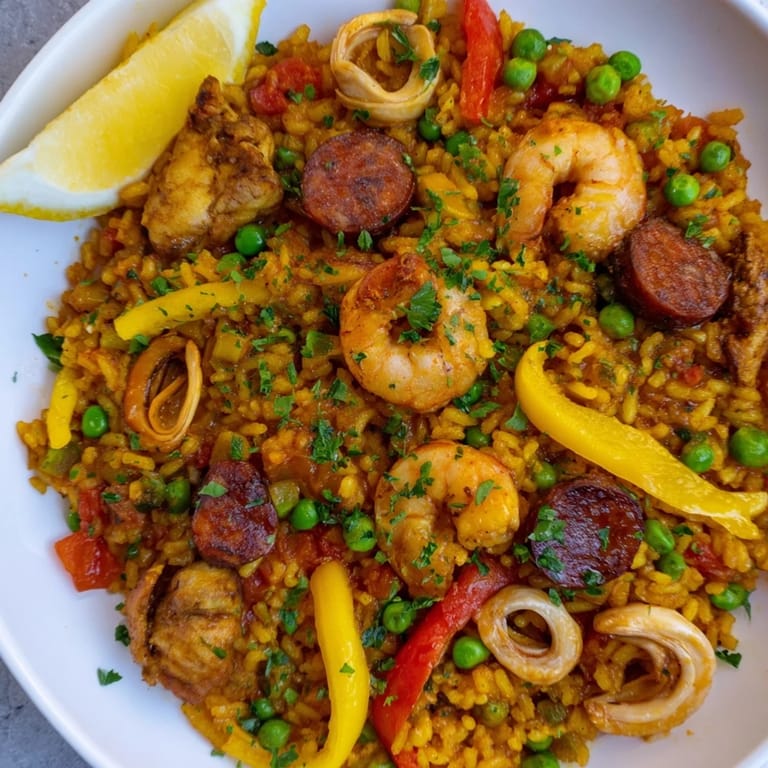 A close-up shot of a flavorful Paella Spanish Rice dish, perfect for sharing and enjoying.