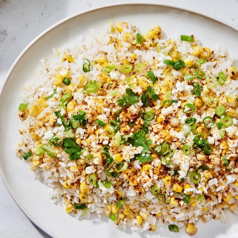 Vibrant Mexican Street Corn Rice, perfectly seasoned, features fluffy rice and a zesty lime dressing, ready to enjoy.