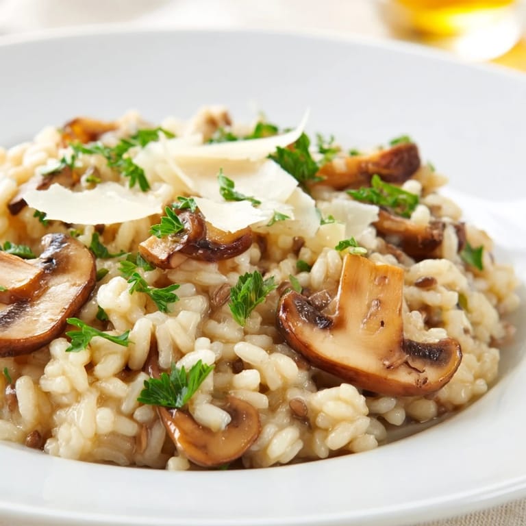 A close-up of a delightful golden-hued risotto with mushrooms, perfect for a cozy dinner.