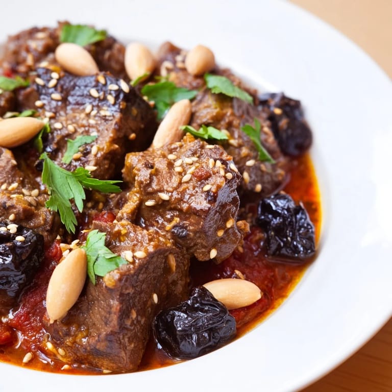 Tender lamb in a flavorful Moroccan tagine, studded with sweet prunes and toasted almonds.