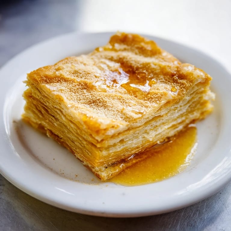 A stack of warm Moroccan Msemen, showing crisp layers, perfect for a cozy breakfast with honey.