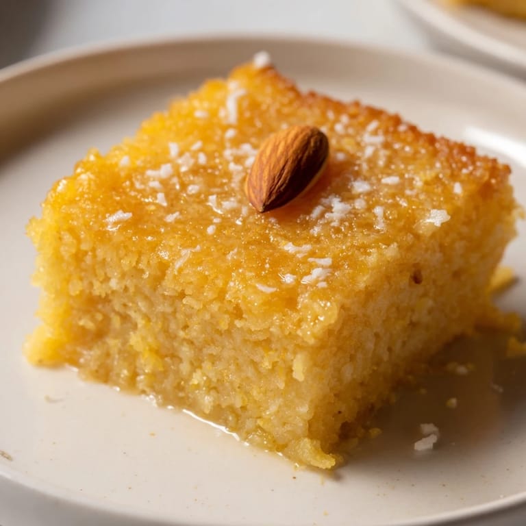 A close-up of warm, delicious Egyptian Basbousa, showcasing coconut flakes and a glistening syrup glaze.