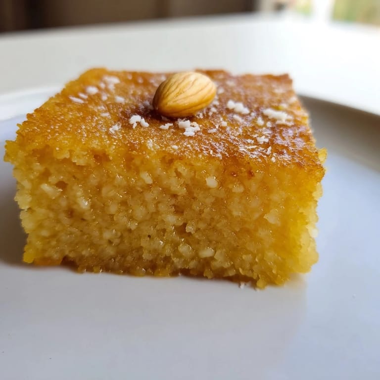 Perfectly baked Egyptian Basbousa, a moist dessert, cut into squares and ready for serving with tea.