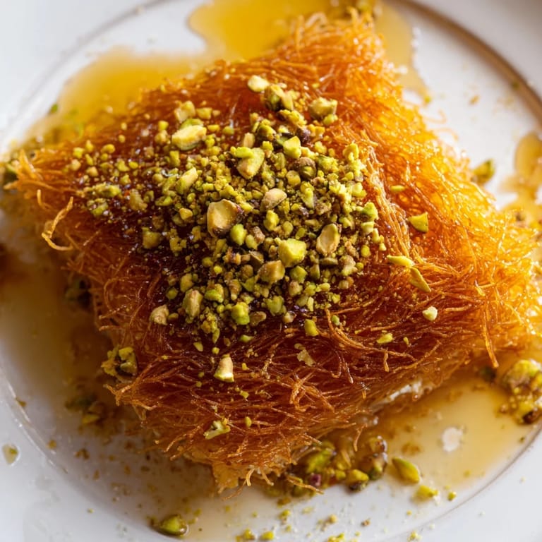 Warm Lebanese Knafeh, a sweet dessert, is garnished with pistachios and honey.