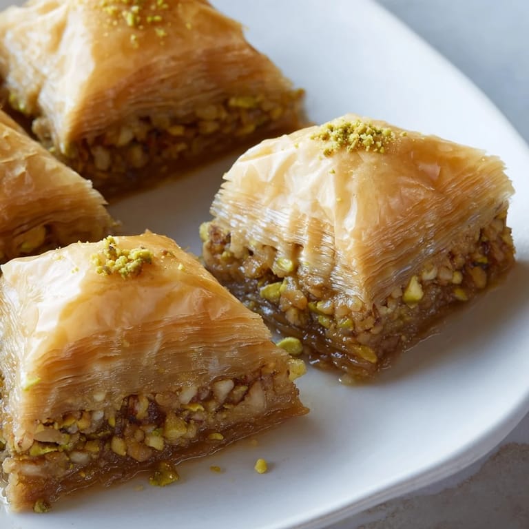 A close-up image showcases freshly baked Turkish Baklava, soaked in honey syrup, highlighting the flaky layers and texture.