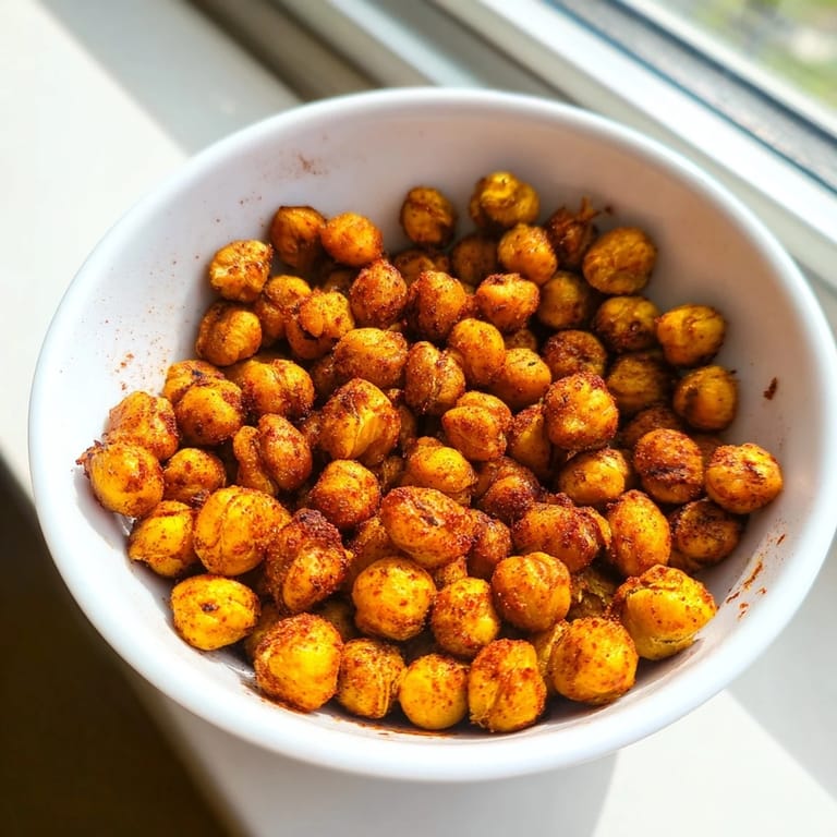 Healthy Crispy Chickpea Snack tossed in olive oil and spices, ready to be enjoyed as a salad topper.