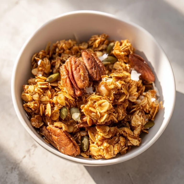 Enjoy crunchy granola clusters, featuring honey and coconut, as a satisfying snack or ice cream topping.