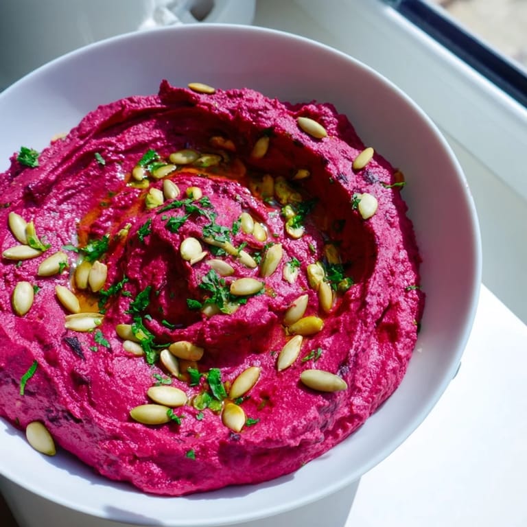Bright, earthy Beet Hummus in a rustic bowl, garnished with parsley and seeds, ready for a colorful appetizer spread.