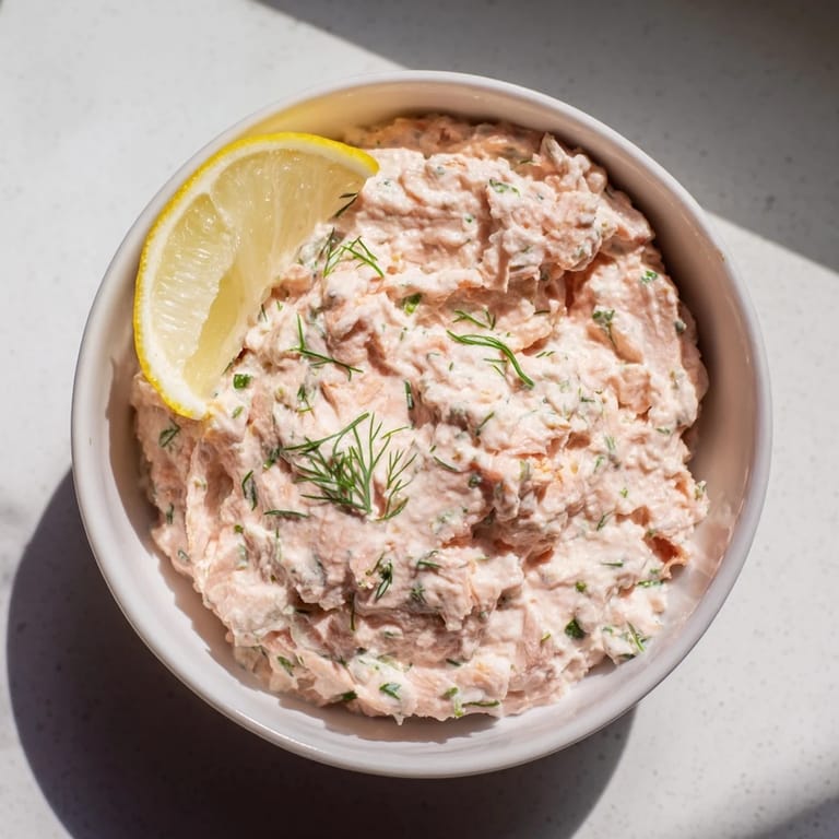 Smooth Smoked Salmon Dip in a white bowl with chopped herbs, served alongside crispy bagel chips.