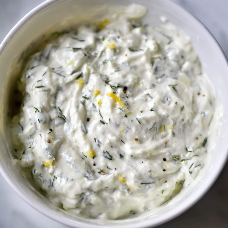 Smooth and tangy Greek Yogurt Herb Dip in a small serving dish, topped with lemon zest and fresh herbs beside sliced veggies.