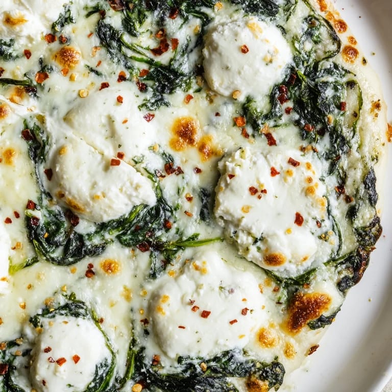 Close-up of spinach ricotta pizza slice, revealing creamy ricotta and fragrant garlic butter on a crispy, golden crust.  