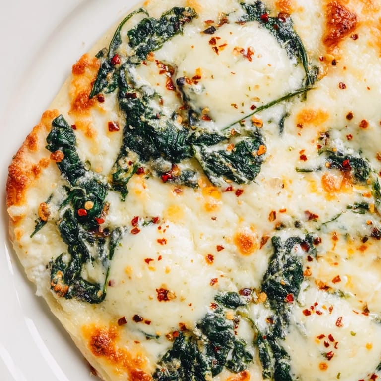 Vegetarian spinach ricotta pizza with melted cheeses and wilted spinach, resting on a wooden board beside a fresh salad.