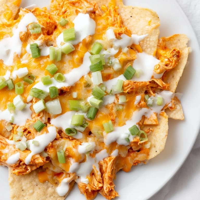Golden Buffalo Chicken Nachos served hot from the oven, garnished with cilantro, tomatoes, and creamy ranch dressing for dipping.