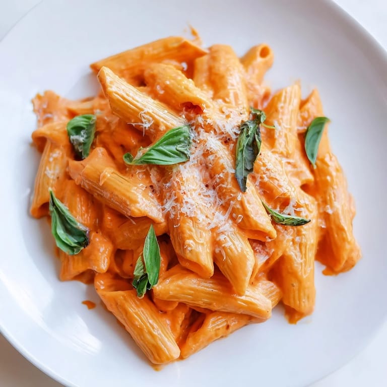 A close-up of Roasted Red Pepper Pasta in a white bowl, showcasing the vibrant red-orange sauce coating each noodle perfectly.