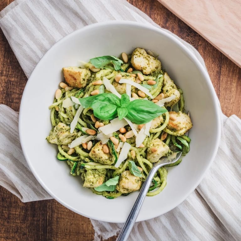 A close-up view of a gluten-free Pesto Zucchini Chicken Bowl, highlighting fresh basil leaves and toasted pine nuts over the colorful main dish.
