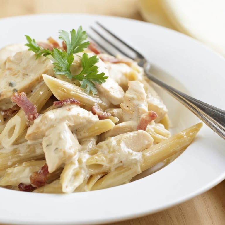 Savory Creamy Chicken Bacon Penne tossed in a garlic cream sauce, served steaming hot in a rustic bowl.
