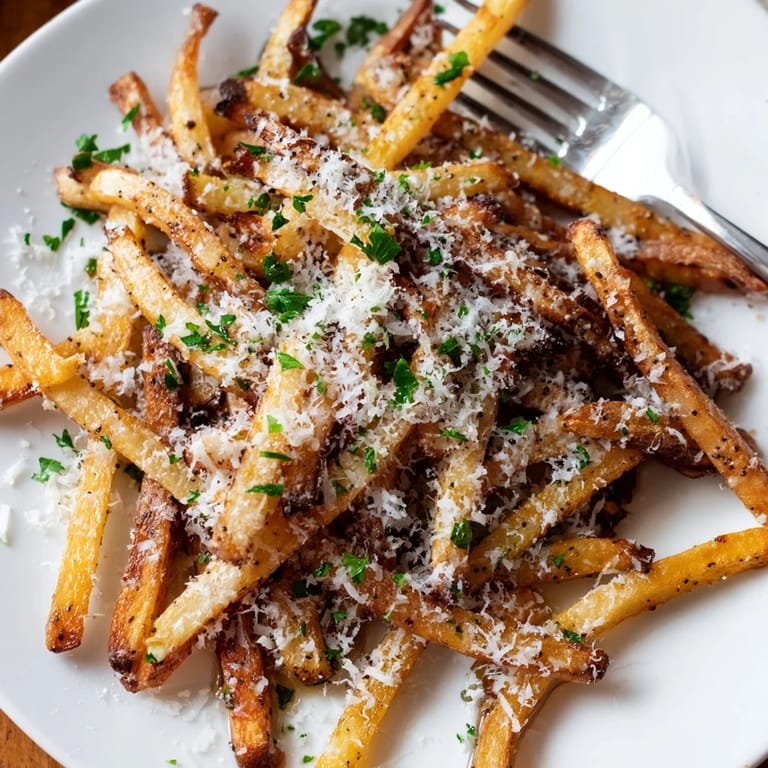 Homemade Truffle Parmesan Fries piled high on a white plate, topped with freshly grated Parmesan and chopped parsley.