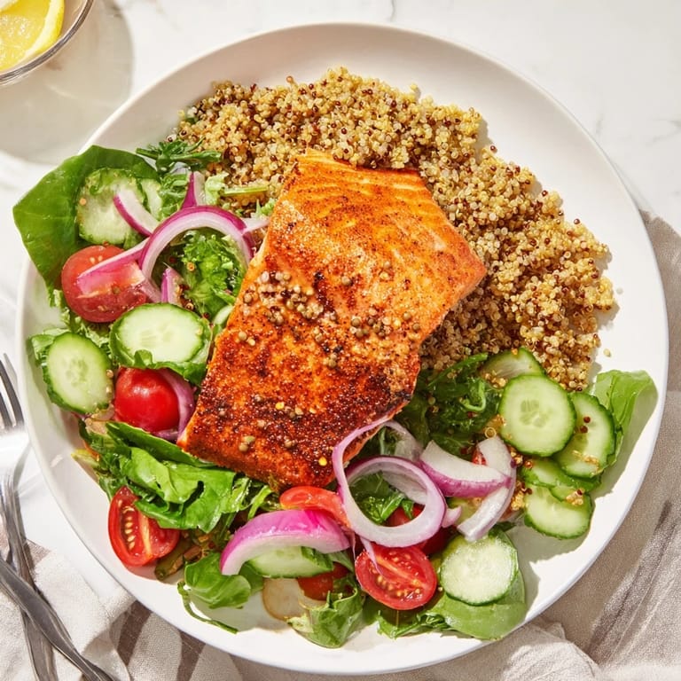 A colorful bowl of Lemon Herb Salmon Salad with quinoa, mixed greens, herbs, and juicy salmon fillet, perfect for weeknight dinners.