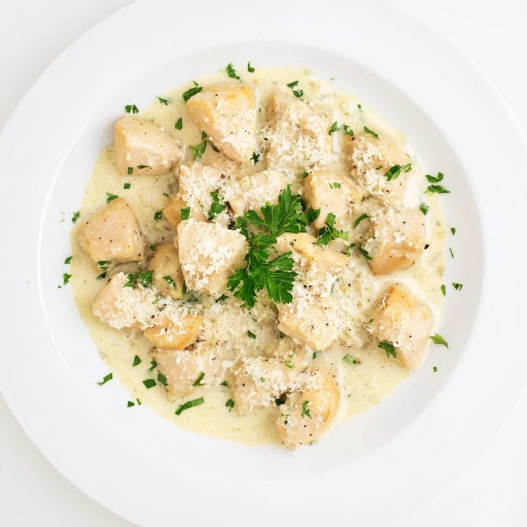 Tender chicken pieces coated in creamy garlic sauce, garnished with fresh parsley, served over fluffy white rice.