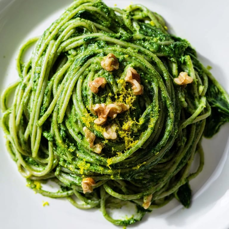Close-up of Creamy Spinach Walnut Pasta in a skillet, steam rising from the vibrant, dairy-free sauce.