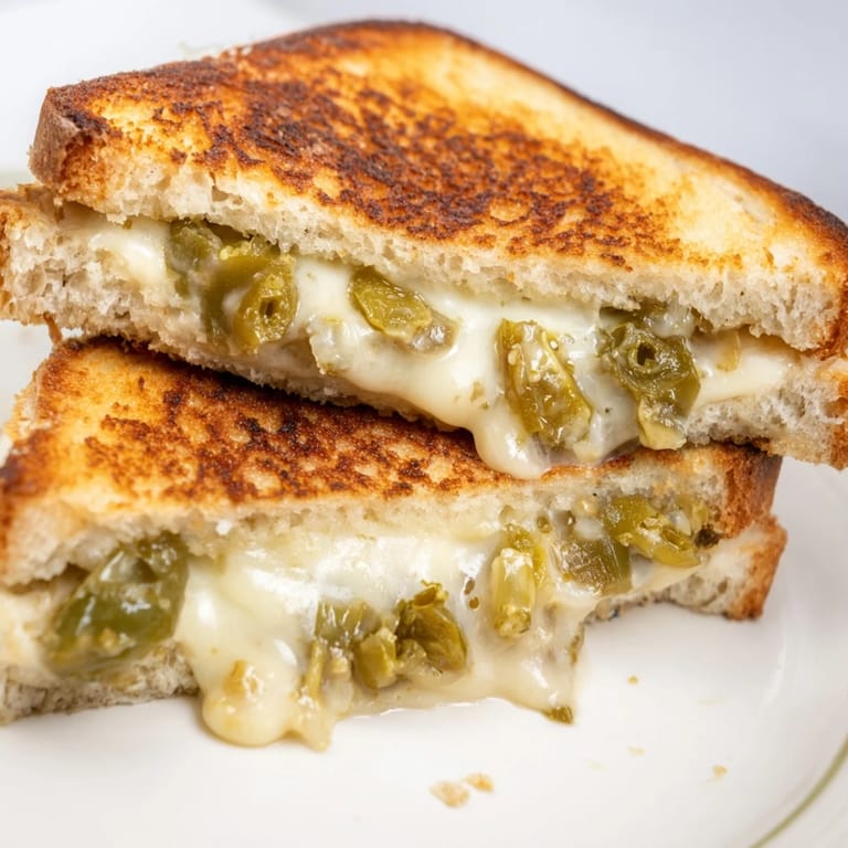 Golden brown Jalapeño Pepper Jack Grilled Cheese sandwiches resting on a wooden board, ready to serve hot.