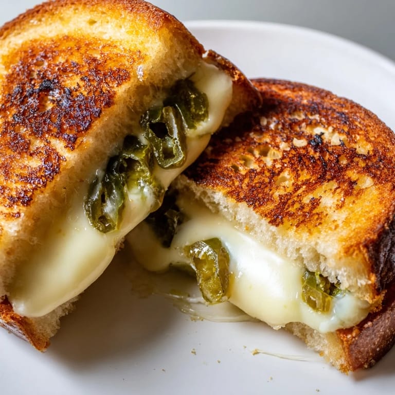 A close-up of the gooey, spicy filling inside the Jalapeño Pepper Jack Grilled Cheese, showcasing the melted cheese.