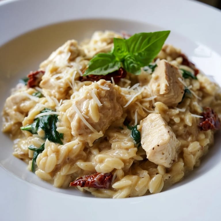 A spoonful of Tuscan Chicken Orzo with melted Parmesan and fresh basil garnish on a white plate.