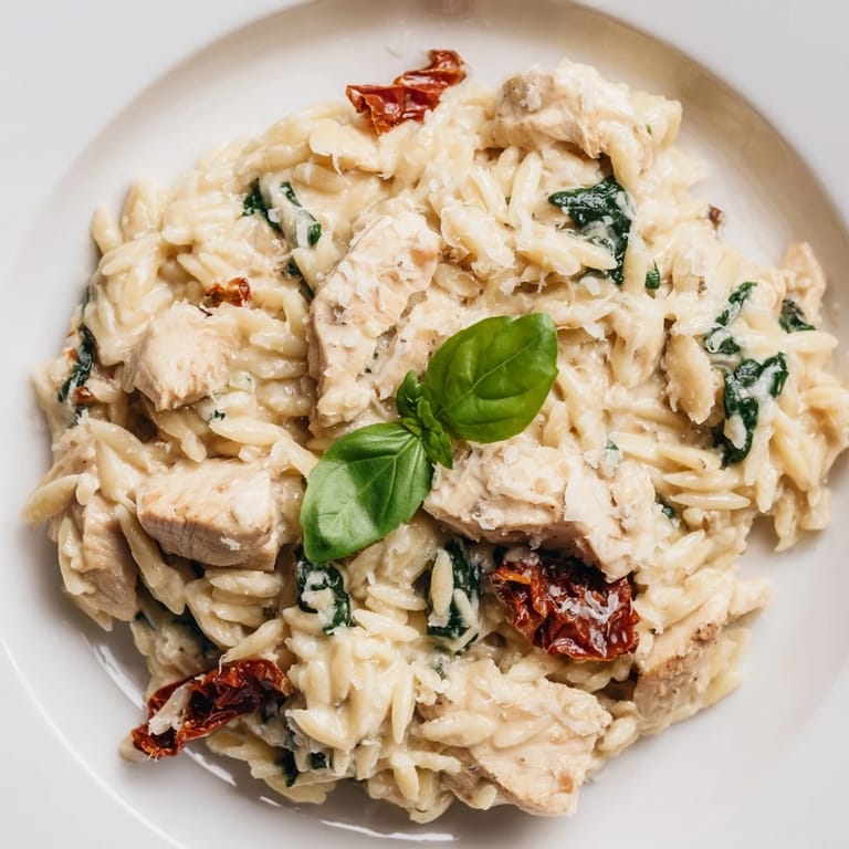 Golden Tuscan Chicken Orzo served family-style in a skillet, steam rising from the rich sauce.