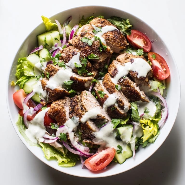 A bright, healthy Chicken Shawarma Salad Bowl features tender grilled chicken on mixed greens, cherry tomatoes, cucumber, and a quick garlic sauce ready for lunch or dinner.