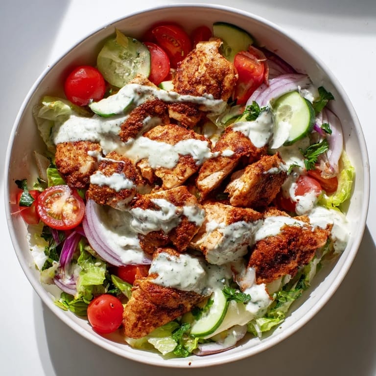 Sliced juicy chicken thighs marinated with cumin and paprika fill a vibrant salad bowl with parsley and red onion, finished with a zesty yogurt garlic sauce.