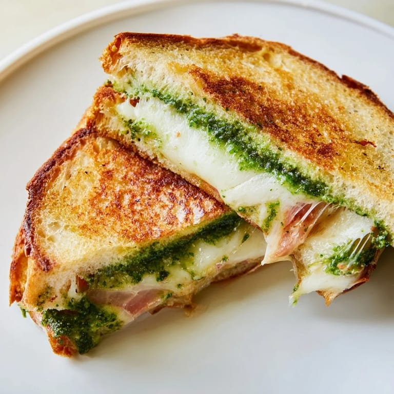 A close-up view of a sourdough pesto grilled cheese, crispy crust and melted mozzarella, fontina, and cheddar blend.  