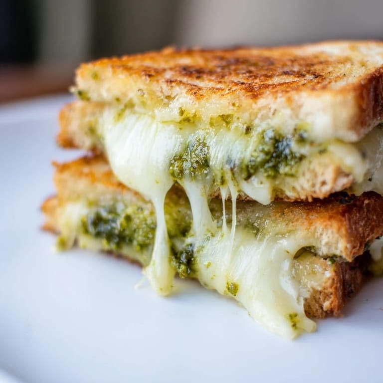 Serve sourdough pesto grilled cheese with a side of tomato soup, showing fresh basil garnish on a rustic plate.