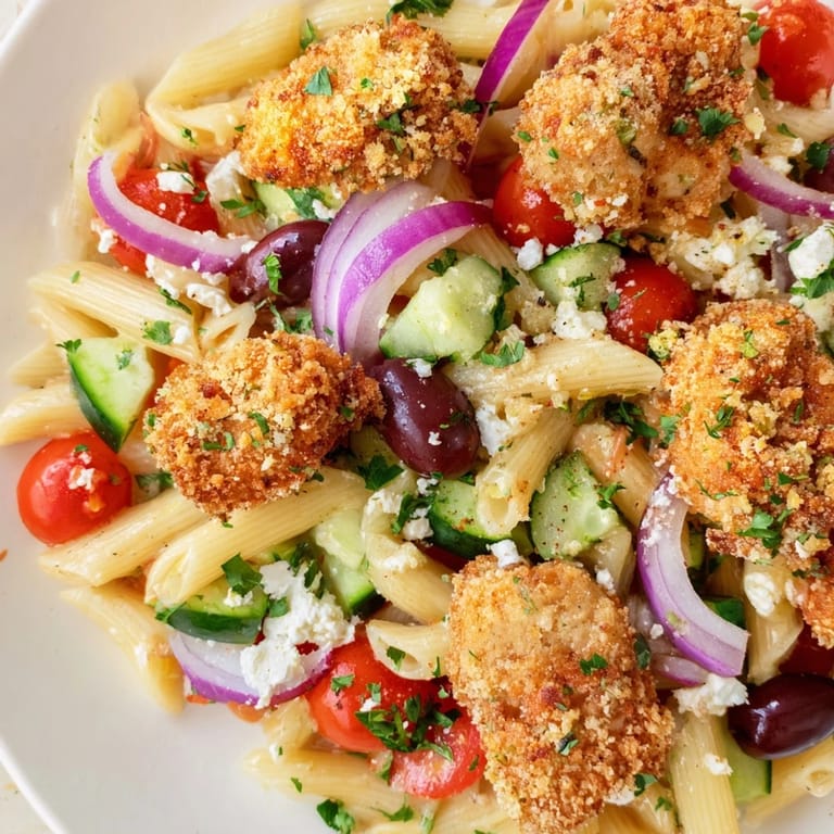 A close-up view of tender short pasta topped with crunchy, breaded chicken, cherry tomatoes, cucumber, and Kalamata olives.