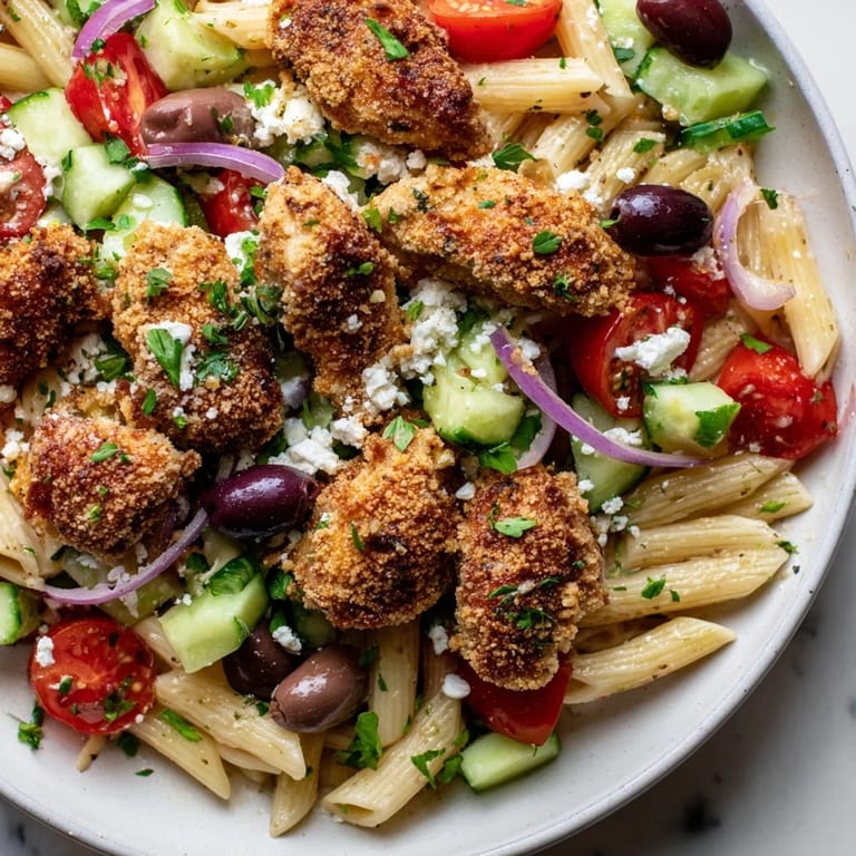 Hearty Mediterranean-inspired dish featuring golden fried chicken, al dente pasta, and a colorful medley of fresh vegetables and herbs.
