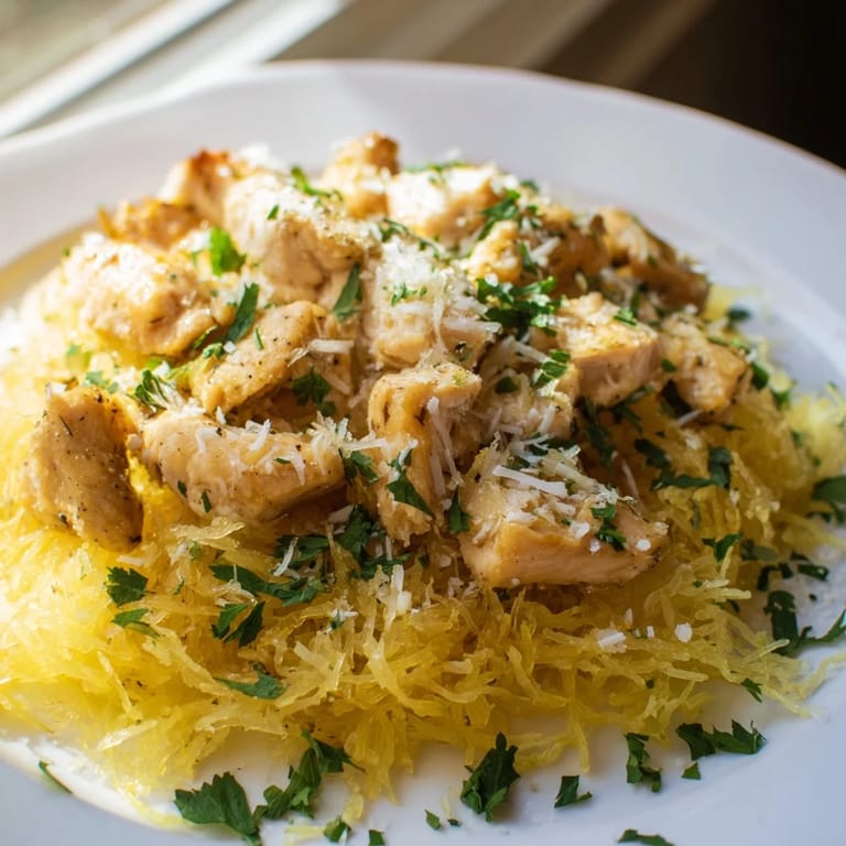 A close-up of savory lemon garlic chicken piled onto fork-scraped spaghetti squash, garnished with fresh herbs and lemon zest.  