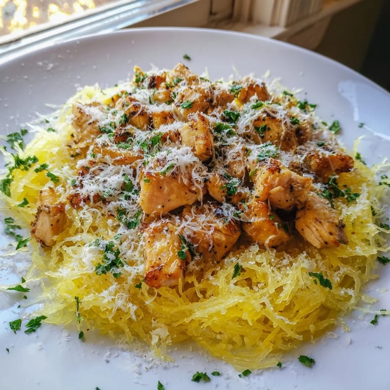 Serve this healthy gluten-free lemon garlic chicken spaghetti squash with extra lemon wedges and a light Parmesan topping.