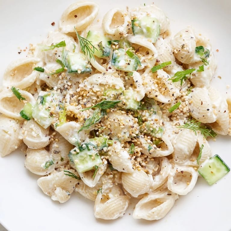 A bowl of chilled Cucumber Crunch Pasta Salad topped with everything bagel seasoning for a savory finish.  