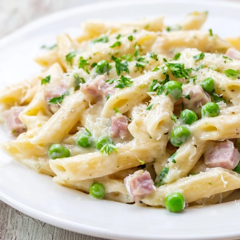 A close-up of Spring Pea & Ham Pasta twirled on a fork, showcasing tender penne coated in rich cream and savory ham.