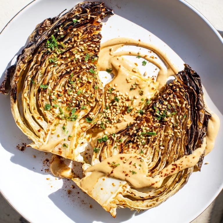 Sizzling Roasted Cabbage Steaks With Tahini, brushed with olive oil and spices, finished with sesame seeds and a bright lemony drizzle.