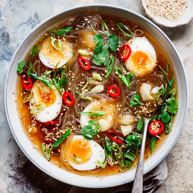 A comforting bowl of Shirataki Noodles With Broth, featuring tender noodles in savory broth with cilantro and chili garnish.