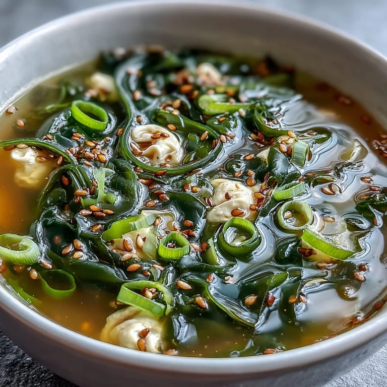 A comforting bowl of Wakame Soup showcasing fluffy tofu and oceanic seaweed flavor.