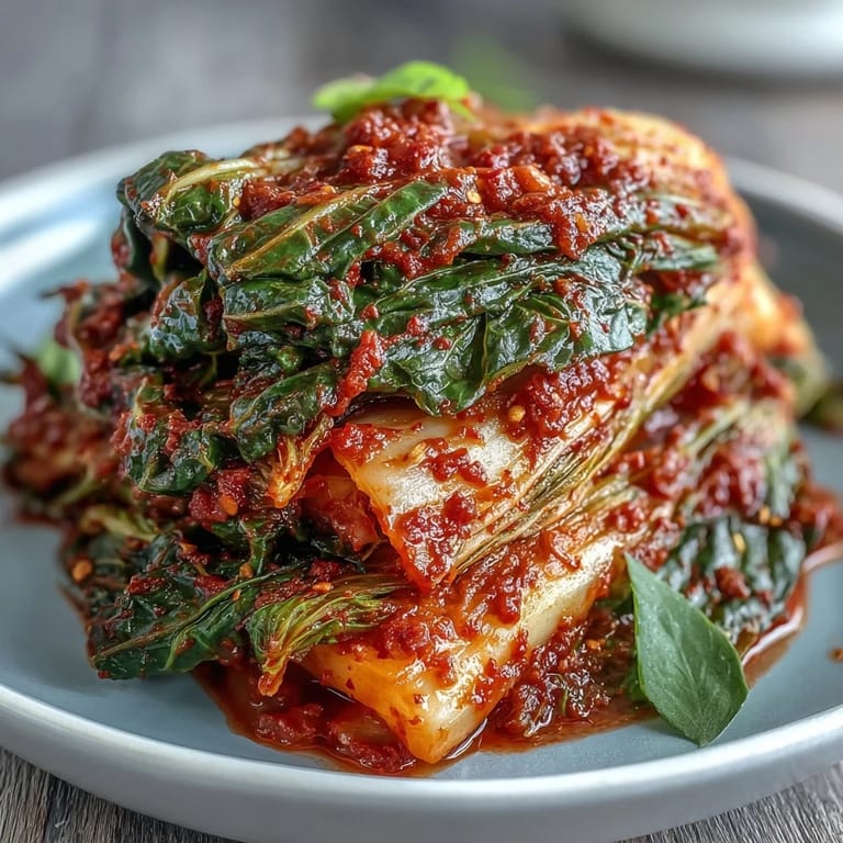 Freshly prepared kimchi showing colorful vegetables packed tightly for a spicy kick.