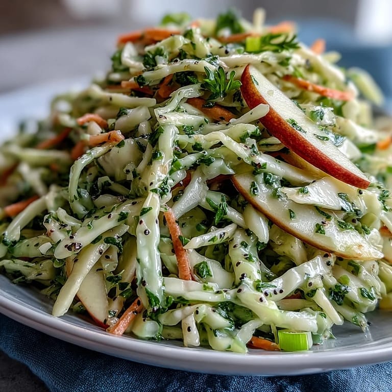 Bright and refreshing green cabbage apple slaw, tossed and ready to serve.