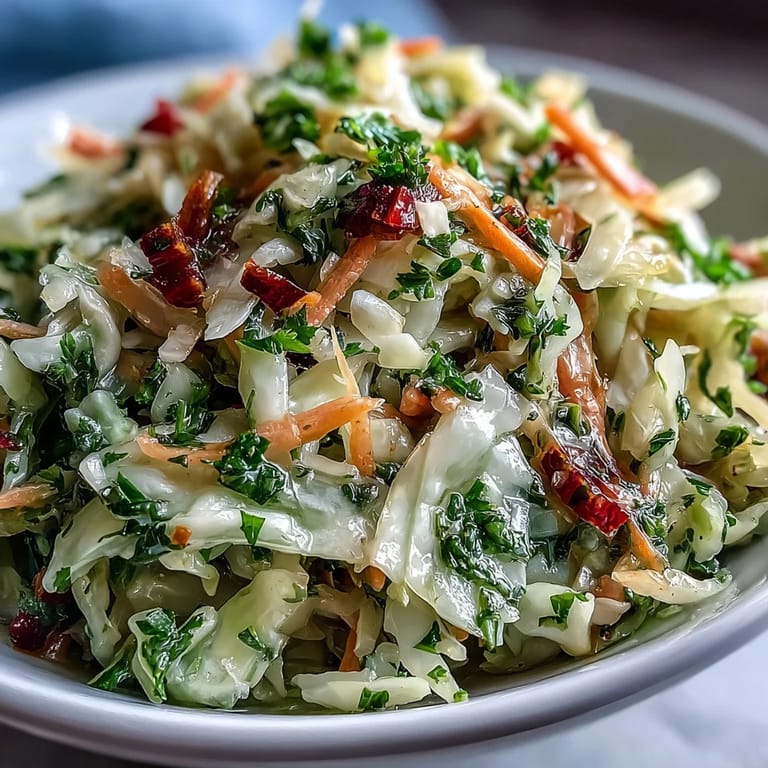 A vibrant sauerkraut slaw in a white bowl, garnished with fresh parsley and green onions.