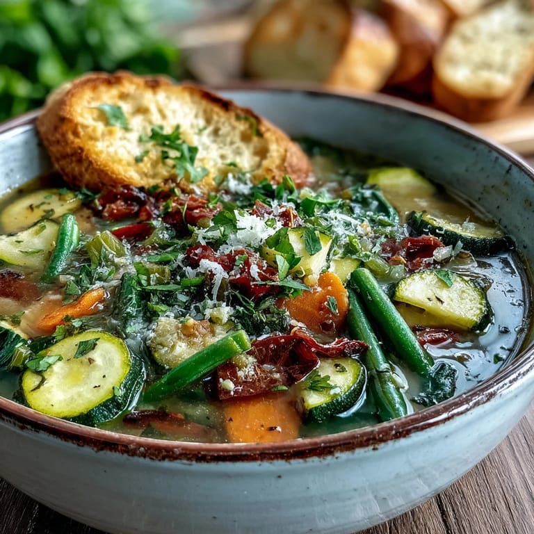 Hearty Italian Herb Vegetable Soup with leafy spinach and creamy white beans, ready to be served for dinner.