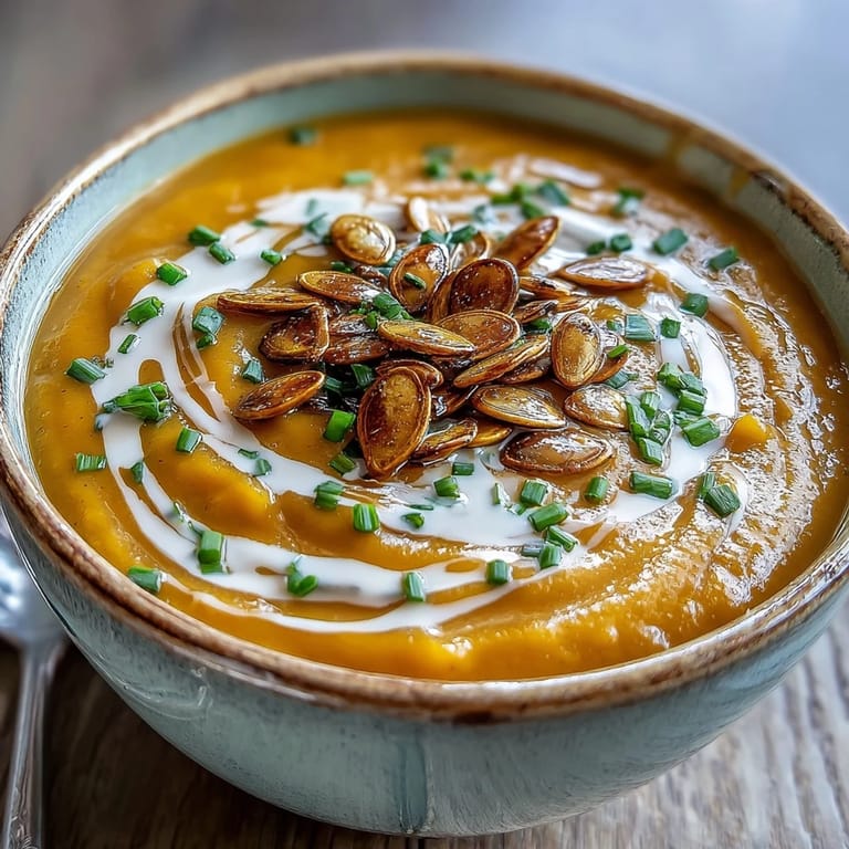 Roasted Acorn Squash Soup in a rustic bowl featuring a drizzle of cream and nutmeg.
