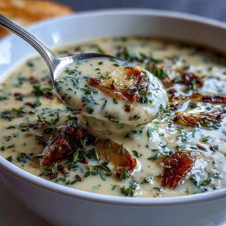Hearty Roasted Garlic and Herb Soup in a white bowl with a parsley garnish, perfect for cozy vegetarian dinners.