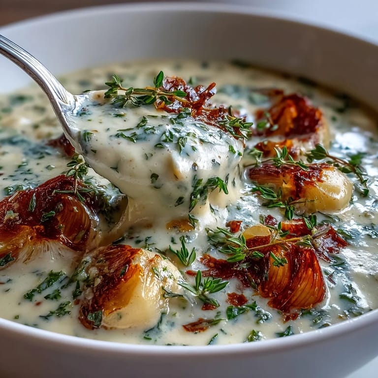 Silky Roasted Garlic and Herb Soup steaming in a rustic mug, highlighting the creamy texture and golden roasted garlic aroma.