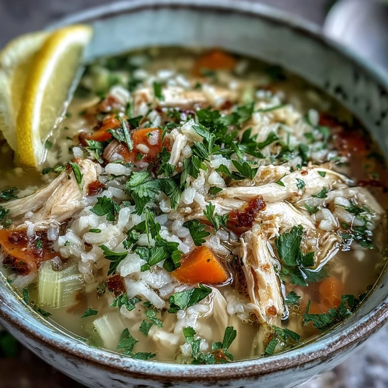 Close-up of Cozy Winter Chicken and Rice Soup featuring fluffy rice and aromatic herbs in rich broth.